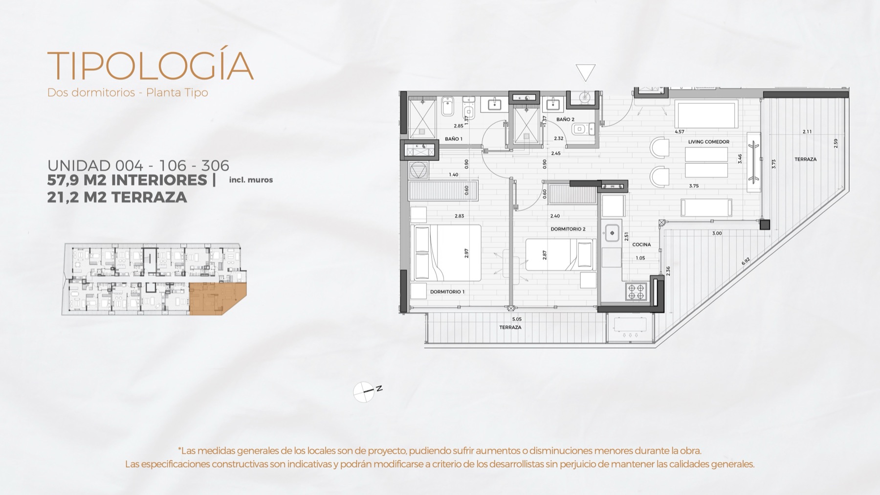 Unidad 004 / 106 / 306 · Contrafrente — USD 214.000 / 224.000 — 2 dormitorios — Amansa Beachfront Residences