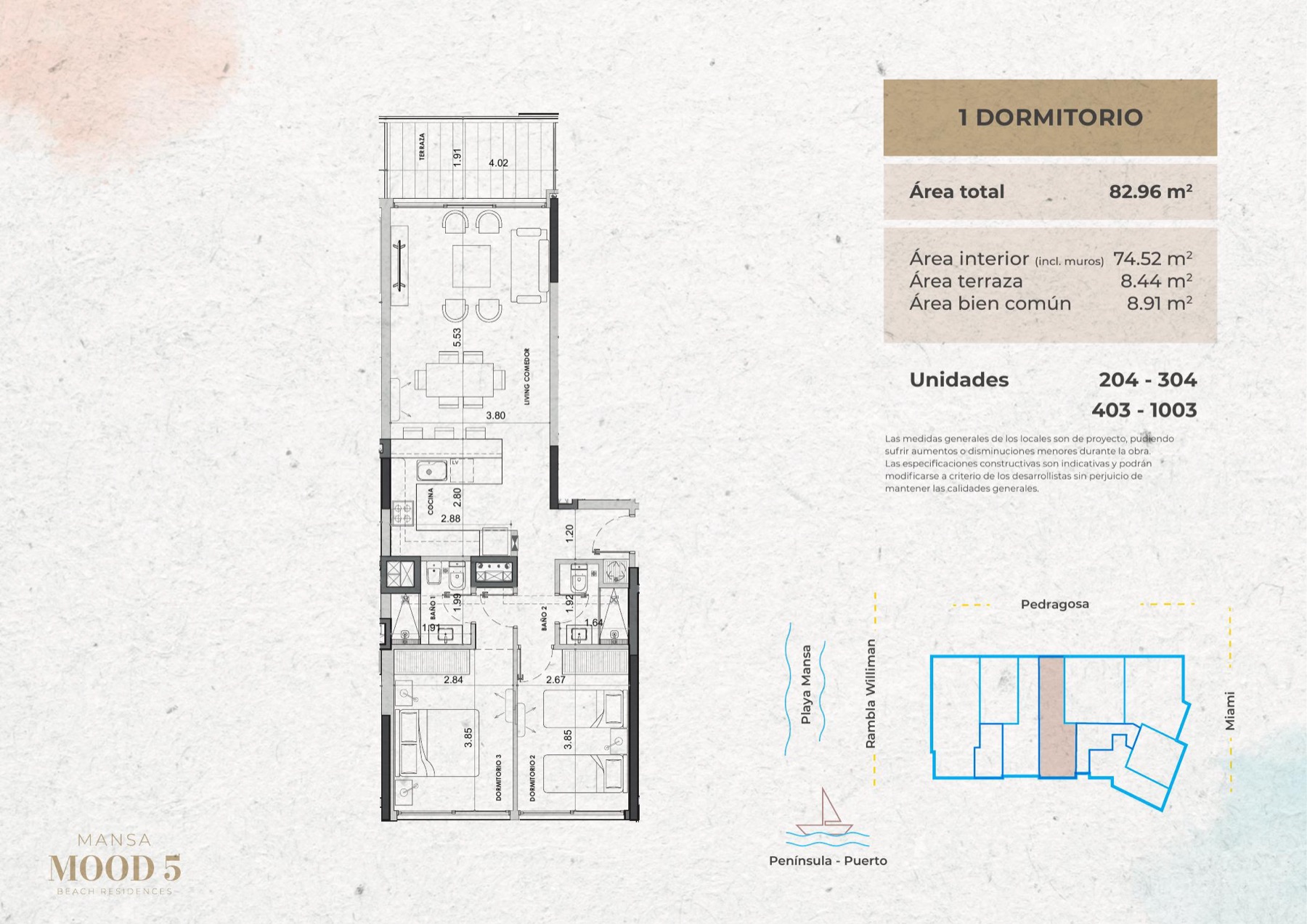 Tipo B · Unidades 204, 304, 403, 1003 — Desde USD 345.000 — 1 dormitorio — Mansa Mood 5 — Beach Residences