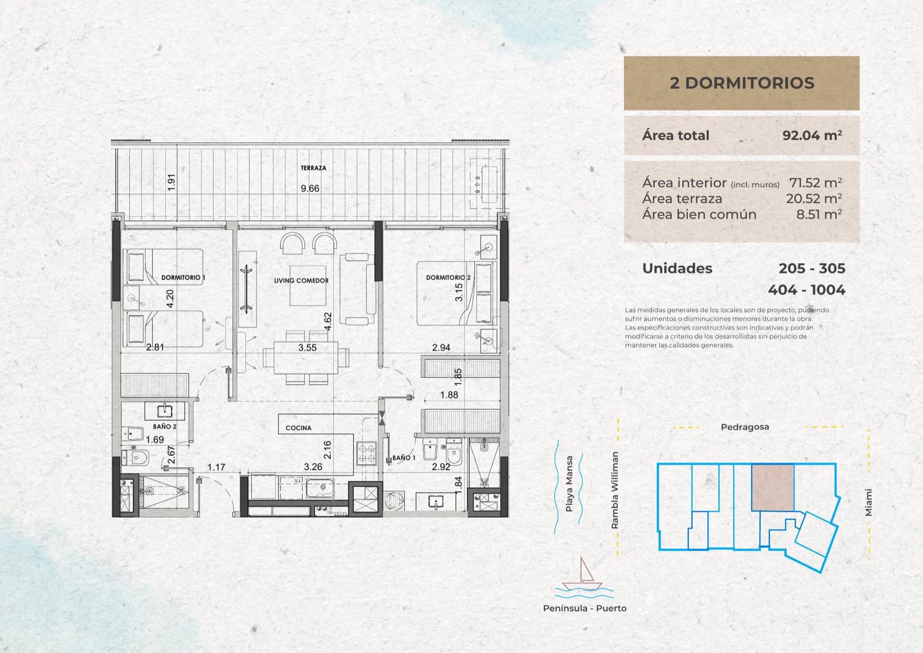 Tipo B · Unidades 205, 305, 404, 1004 — 2 dormitorios — Mansa Mood 5 — Beach Residences