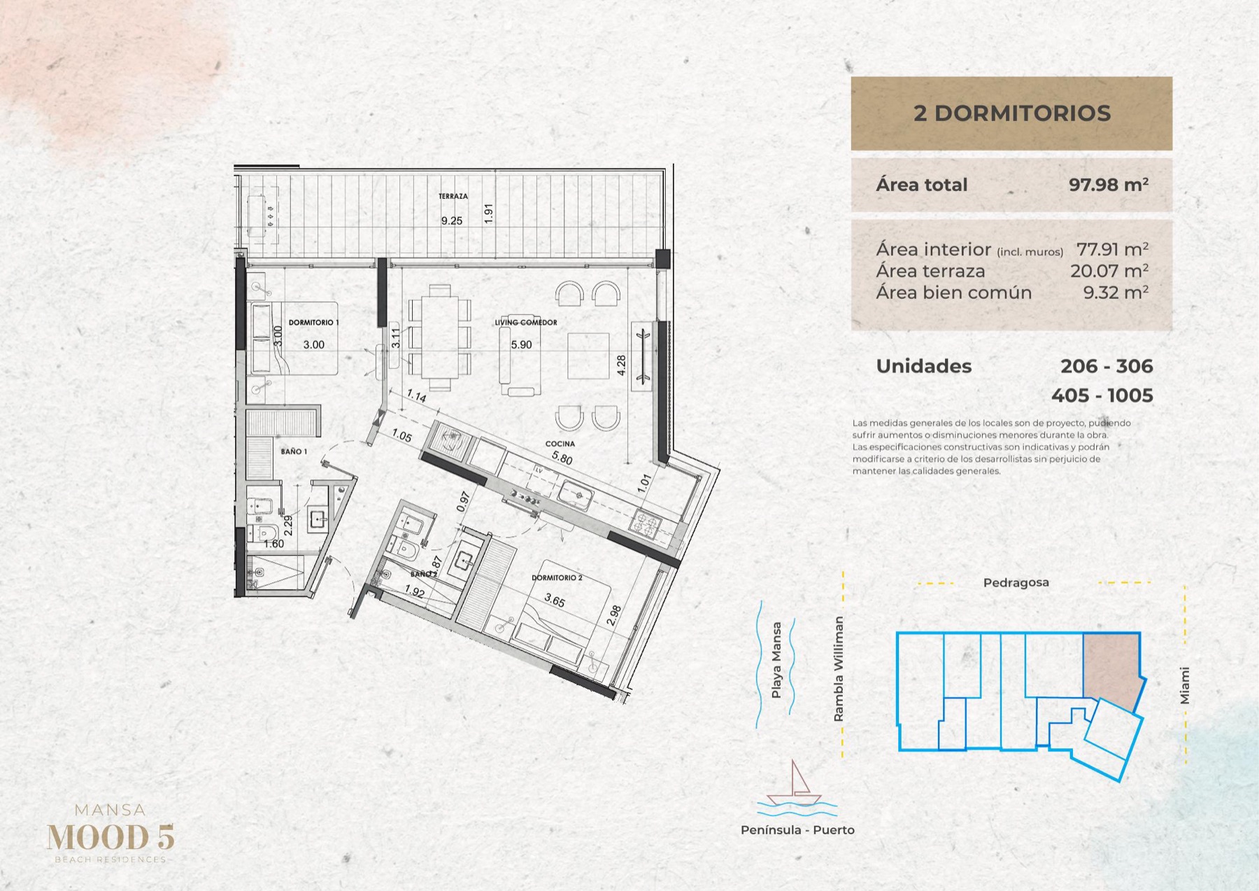 Tipo C · Unidades 206, 306, 405, 1005 — 2 dormitorios — Mansa Mood 5 — Beach Residences