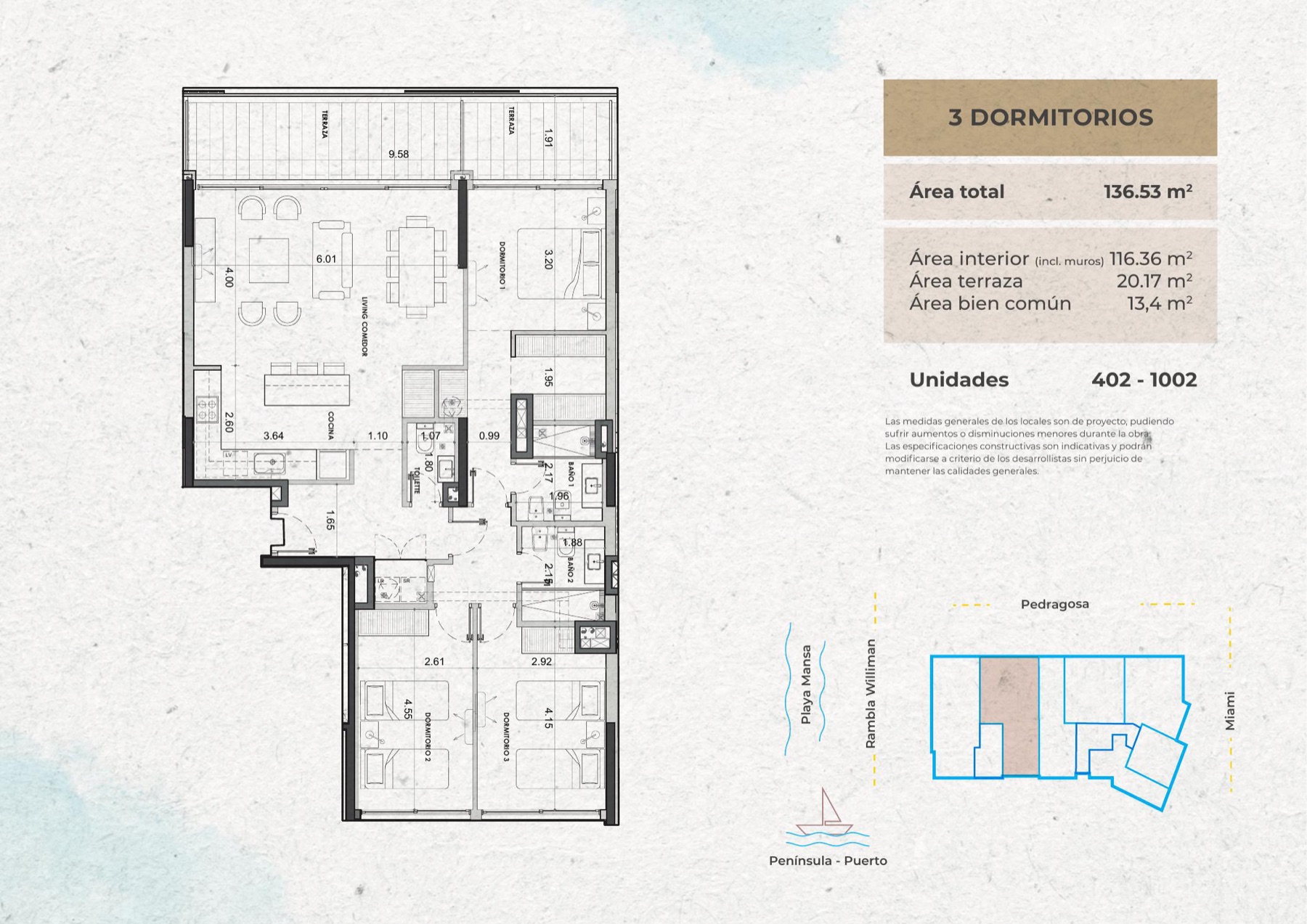 Tipo B · Unidades 402, 1002 — 3 dormitorios — Mansa Mood 5 — Beach Residences